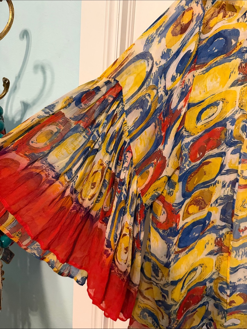Shana Open-Front Abstract Art to Wear Print Kimono - Yellow Blue Red Resortwear - Picture 8 of 11